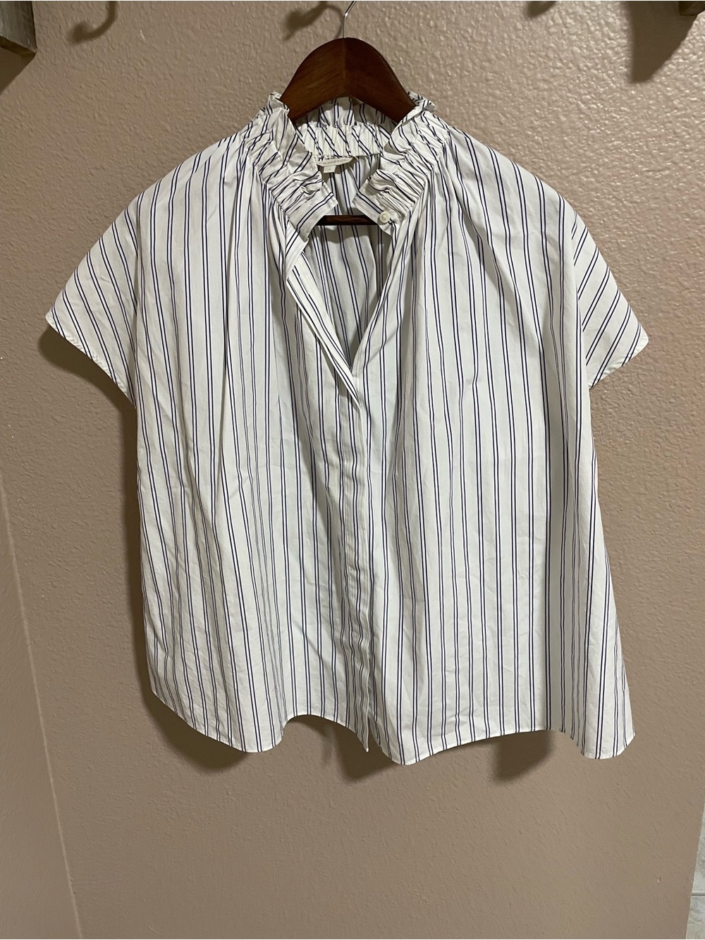 ANN MASHBURN White Blouse with Blue Pinstripes